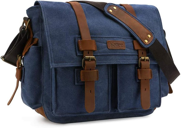 Men'S Canvas Cow Leather DSLR SLR Vintage Camera Shoulder Messenger Bag Blue