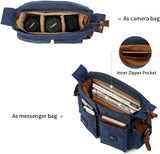 Men'S Canvas Cow Leather DSLR SLR Vintage Camera Shoulder Messenger Bag Blue