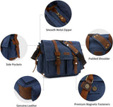 Men'S Canvas Cow Leather DSLR SLR Vintage Camera Shoulder Messenger Bag Blue